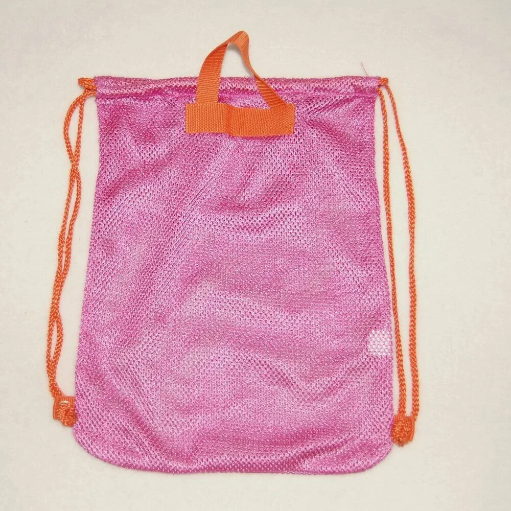 Girls Fuchsia Pink Mesh Drawstring Beach Bag